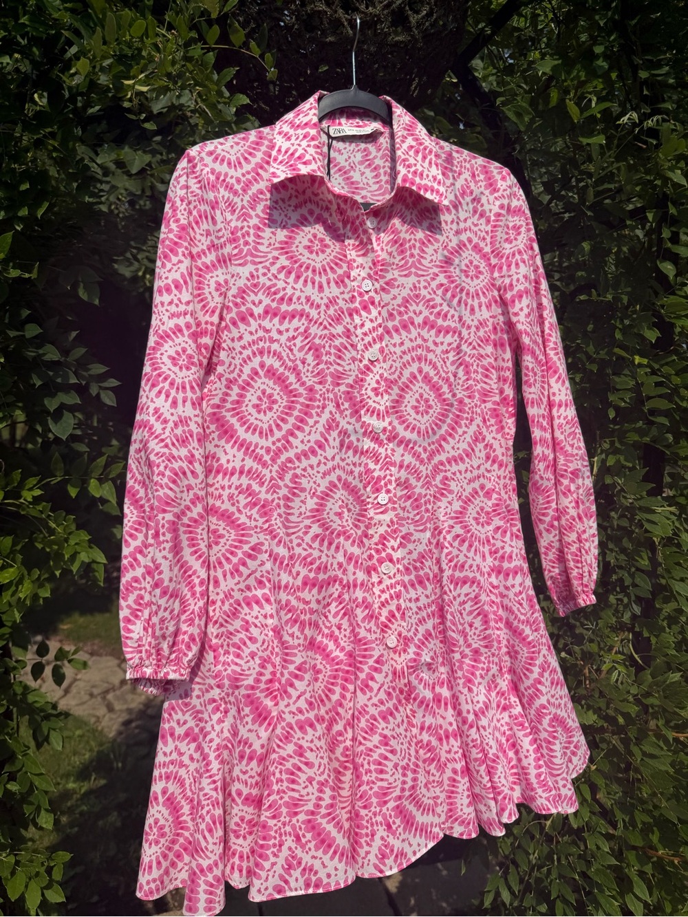 Zara Pink and White Tie-Dye Long-Sleeve Shirt Dress
